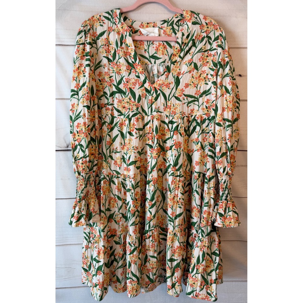 Pomander Place Floral Tiered Mini Dress Orange Yellow V-Neck Smocked L Y2349600D